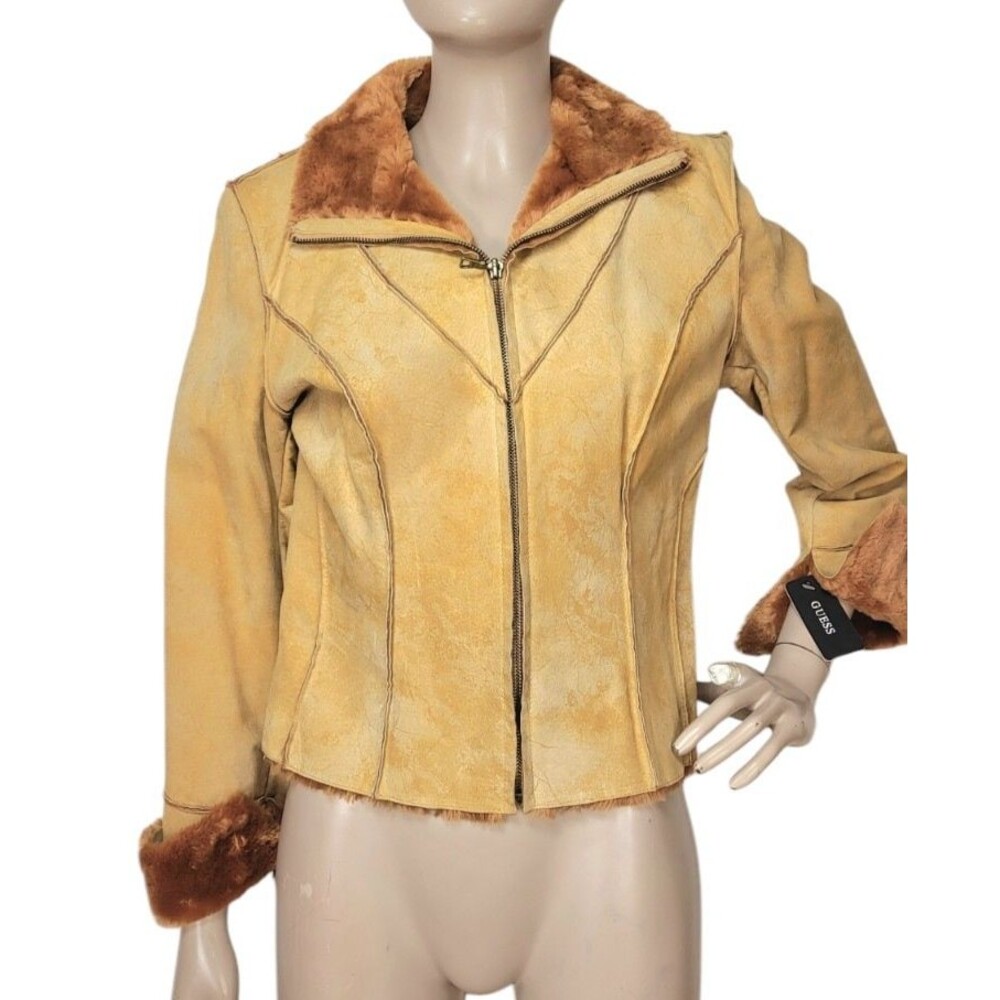 Vintage Y2K Guess Suede Leather Sherpa Lined Raw Edge Zip-Up Jacket Medium NOS